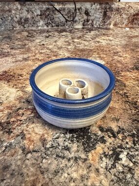 Vintage Handmade Stoneware Pottery Blue Striped Flower Frog Vase